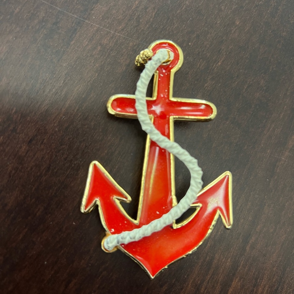 NAUTICAL 90’s 90s Vintage Sailor Retro Red Anchor Pin Brooch with Gold Accents